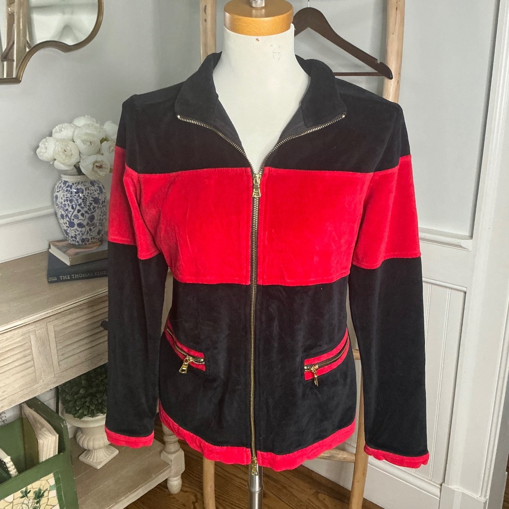 Boston Proper Womens Velour Colorblock Track Jacket Black Red Gold Zip Size M